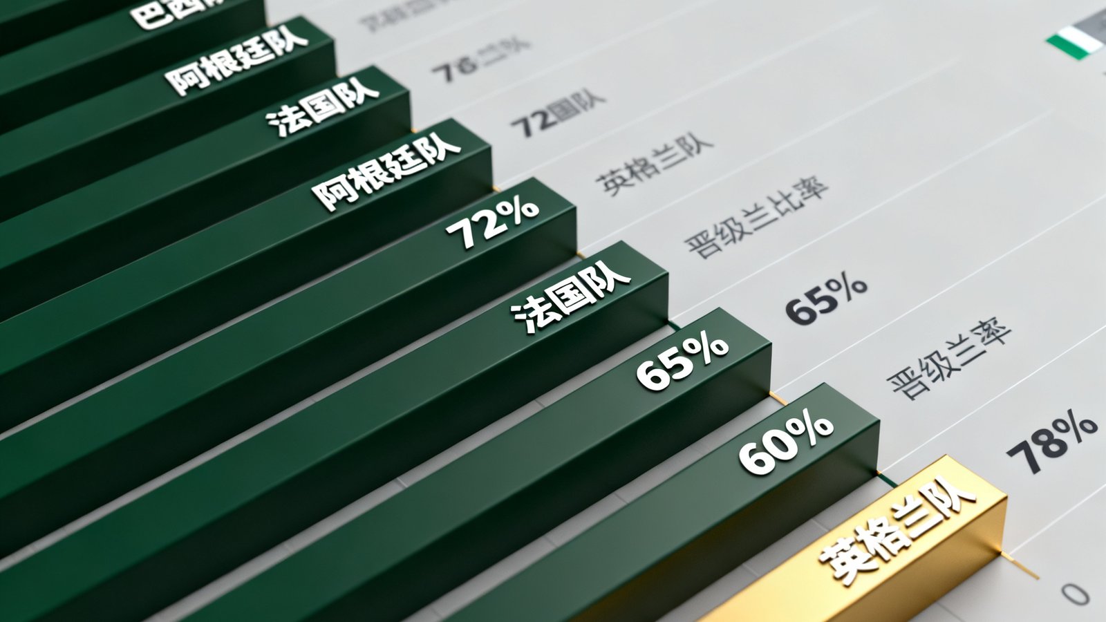 一张包含多支世界杯热门球队晋级概率的柱状图数据可视化界面，使用深绿和金色配色，数据清晰可读。
