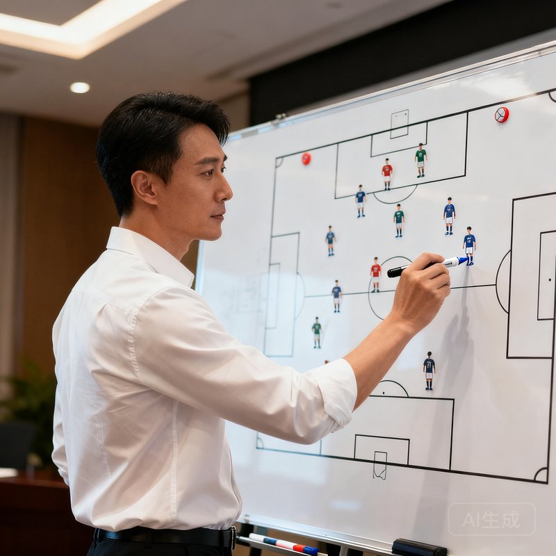 首席分析师陈雅文站在大型战术白板前，手持记号笔，正在标注球队阵型，身着干练的白色衬衫。